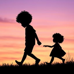 An enchanting silhouette of a young curly-haired boy walking hand-in-hand with his baby sister, who also has charming curly hair