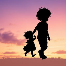 An enchanting silhouette of a young curly-haired boy walking hand-in-hand with his baby sister, who also has charming curly hair