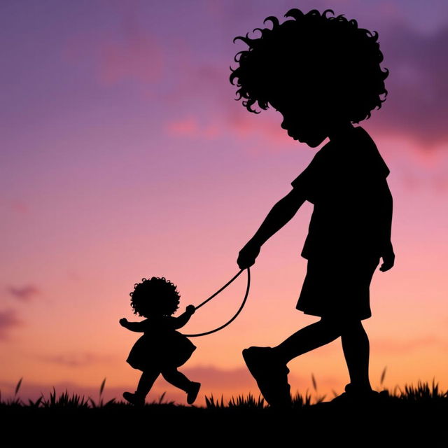 An enchanting silhouette of a young curly-haired boy walking hand-in-hand with his baby sister, who also has charming curly hair