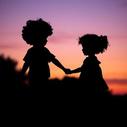 An enchanting silhouette of a young curly-haired boy walking hand-in-hand with his baby sister, who also has charming curly hair