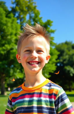 A young boy with spiky hair and freckles on his face, smiling joyfully