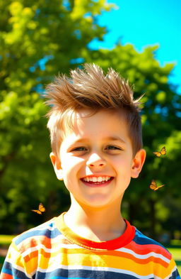 A young boy with spiky hair and freckles on his face, smiling joyfully