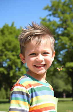 A young boy with spiky hair and freckles on his face, smiling joyfully