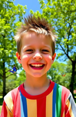 A young boy with spiky hair and freckles on his face, smiling joyfully