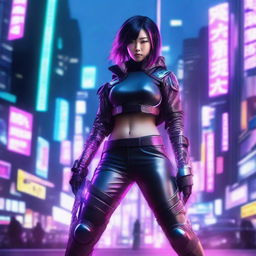 A hyper-realistic portrayal of a beautiful Japanese girl dressed in futuristic cyberpunk attire with long pants, effortlessly wielding a giant neon-lit sword amidst a sprawling, technologically advanced Tokyo cityscape