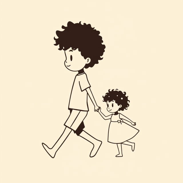 A charming silhouette drawing of a young curly-haired boy walking alongside his baby sister, who also has cute curly hair