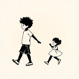A charming silhouette drawing of a young curly-haired boy walking alongside his baby sister, who also has cute curly hair
