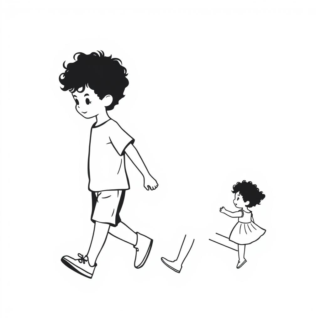 A charming silhouette drawing of a young curly-haired boy walking alongside his baby sister, who also has cute curly hair