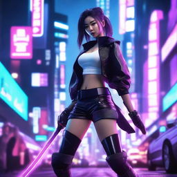 A hyper-realistic portrayal of a beautiful Japanese girl dressed in futuristic cyberpunk attire with long pants, effortlessly wielding a giant neon-lit sword amidst a sprawling, technologically advanced Tokyo cityscape