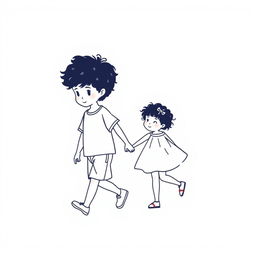 A charming silhouette drawing of a young curly-haired boy walking alongside his baby sister, who also has cute curly hair