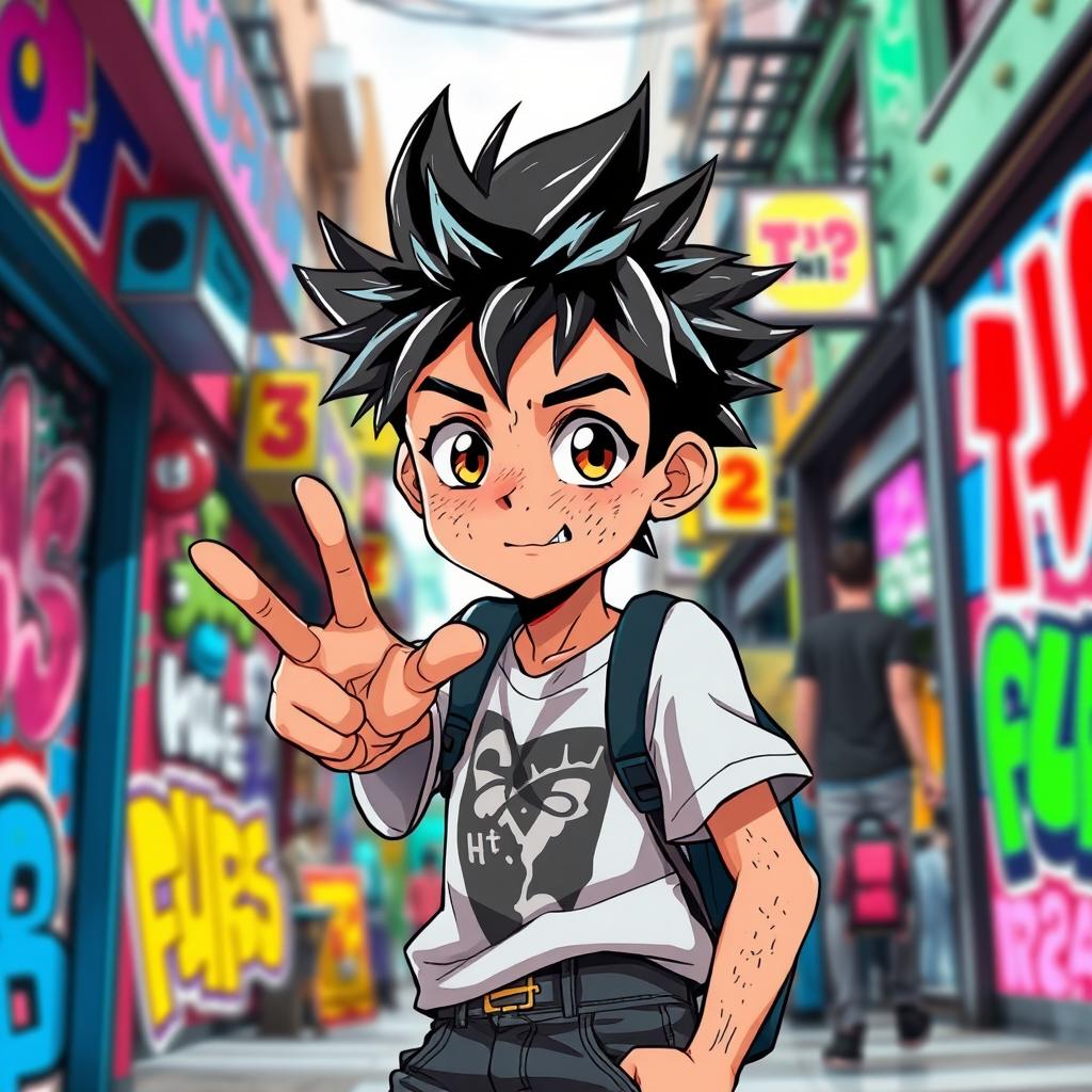 A 15-year-old anime boy with spiky hair and a face full of freckles, giving a cool pose