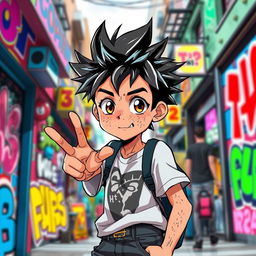 A 15-year-old anime boy with spiky hair and a face full of freckles, giving a cool pose