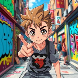 A 15-year-old anime boy with spiky hair and a face full of freckles, giving a cool pose