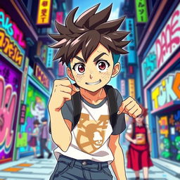 A 15-year-old anime boy with spiky hair and a face full of freckles, giving a cool pose