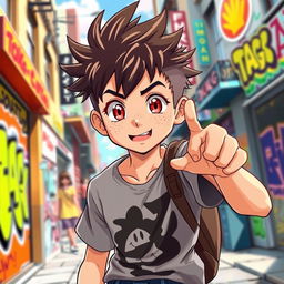 A 15-year-old anime boy with spiky hair and a face full of freckles, giving a cool pose