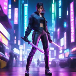 A hyper-realistic portrayal of a beautiful Japanese girl dressed in futuristic cyberpunk attire with long pants, effortlessly wielding a giant neon-lit sword amidst a sprawling, technologically advanced Tokyo cityscape