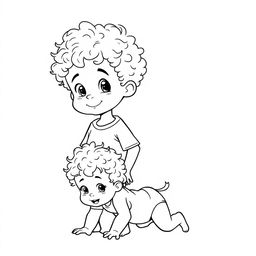 An outline drawing of a young curly-haired boy standing proudly with his infant sister, who also has adorable curly hair, crawling playfully behind him