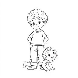 An outline drawing of a young curly-haired boy standing proudly with his infant sister, who also has adorable curly hair, crawling playfully behind him