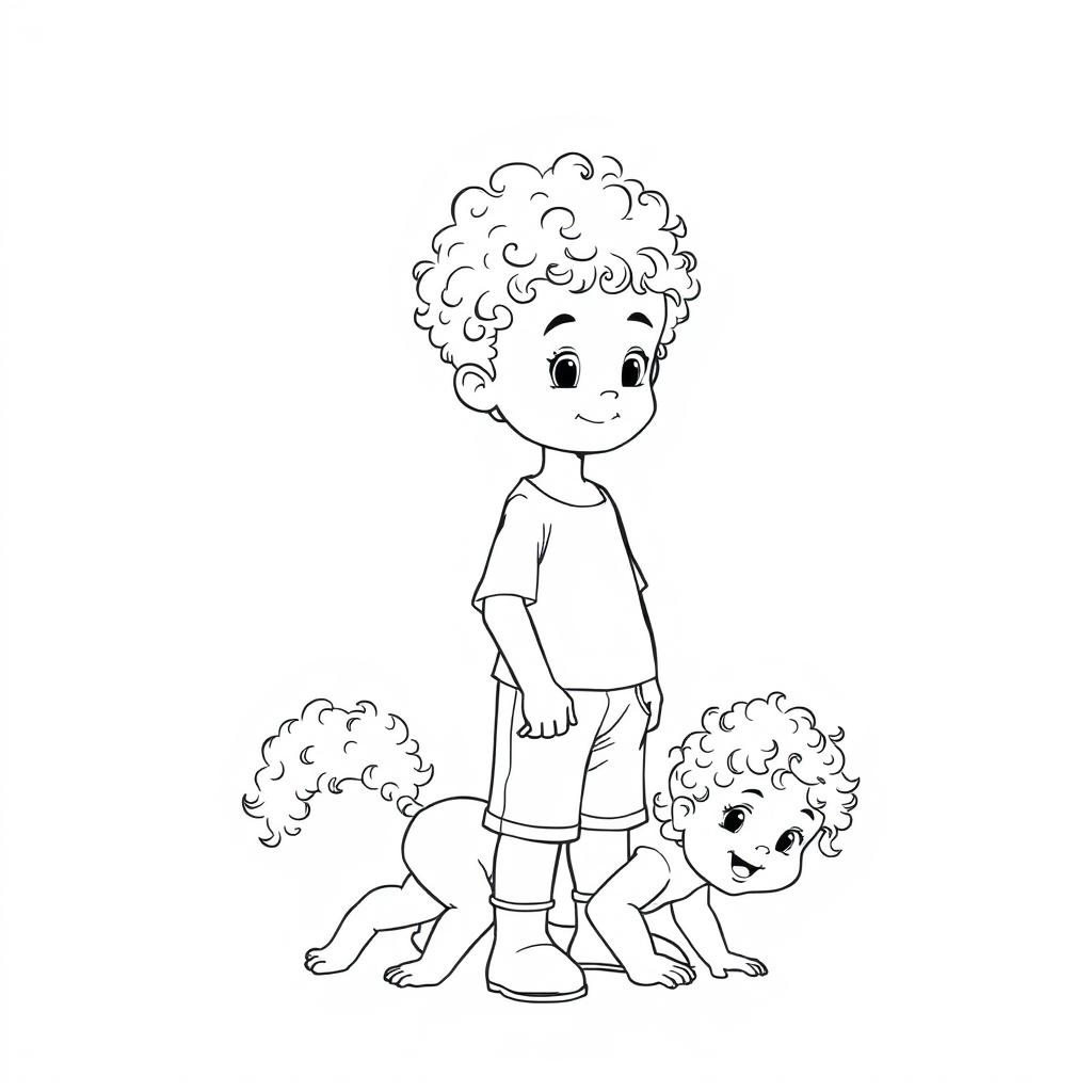 An outline drawing of a young curly-haired boy standing proudly with his infant sister, who also has adorable curly hair, crawling playfully behind him