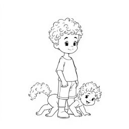 An outline drawing of a young curly-haired boy standing proudly with his infant sister, who also has adorable curly hair, crawling playfully behind him