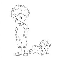 An outline drawing of a young curly-haired boy standing proudly with his infant sister, who also has adorable curly hair, crawling playfully behind him