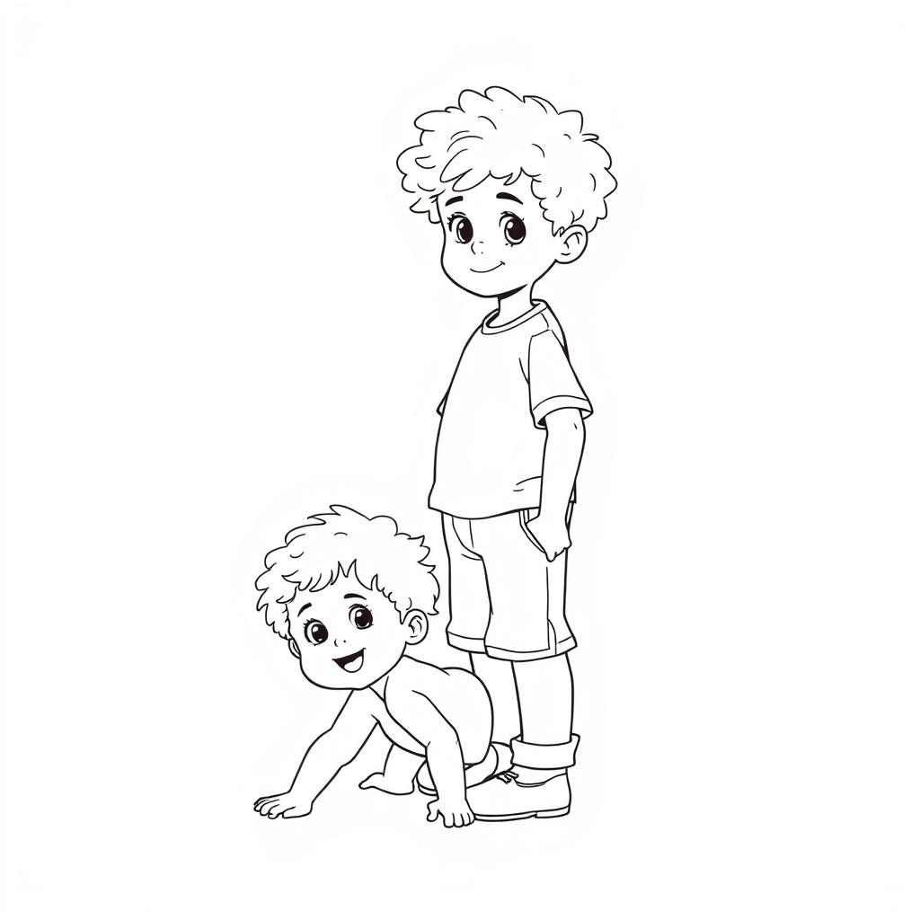 An outline drawing of a young curly-haired boy standing confidently with his infant sister crawling playfully behind him, both featuring adorable curly hair