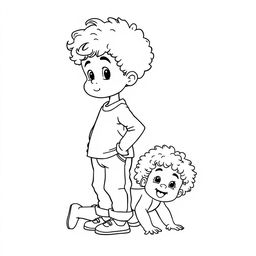 An outline drawing of a young curly-haired boy standing confidently with his infant sister crawling playfully behind him, both featuring adorable curly hair