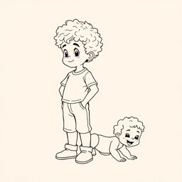 An outline drawing of a young curly-haired boy standing confidently with his infant sister crawling playfully behind him, both featuring adorable curly hair