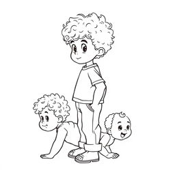 An outline drawing of a young curly-haired boy standing confidently with his infant sister crawling playfully behind him, both featuring adorable curly hair