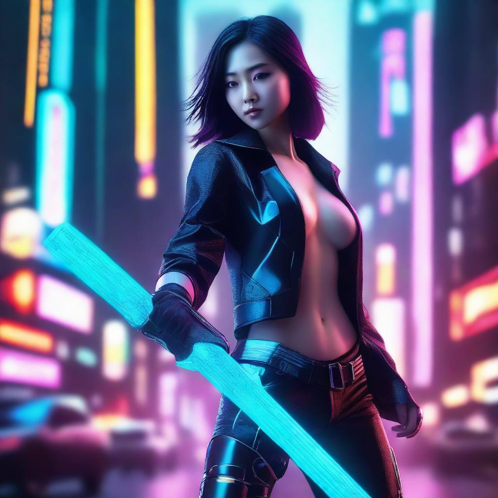 Hyper-realistic visualization of a stunning Chinese girl in futuristic cyberpunk clothing with long pants, masterfully brandishing a vast, glowing sword in the midst of an advanced, neon-lit Shanghai cityscape