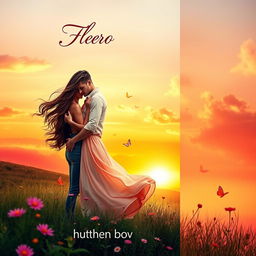 A romantic book cover featuring a beautiful couple embracing in a lush, green landscape during sunset