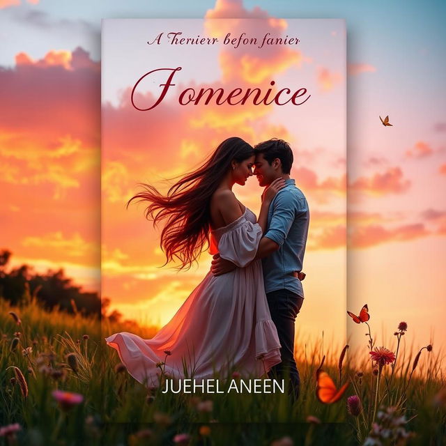 A romantic book cover featuring a beautiful couple embracing in a lush, green landscape during sunset