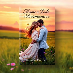 A romantic book cover featuring a beautiful couple embracing in a lush, green landscape during sunset