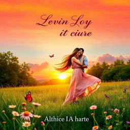 A romantic book cover featuring a beautiful couple embracing in a lush, green landscape during sunset