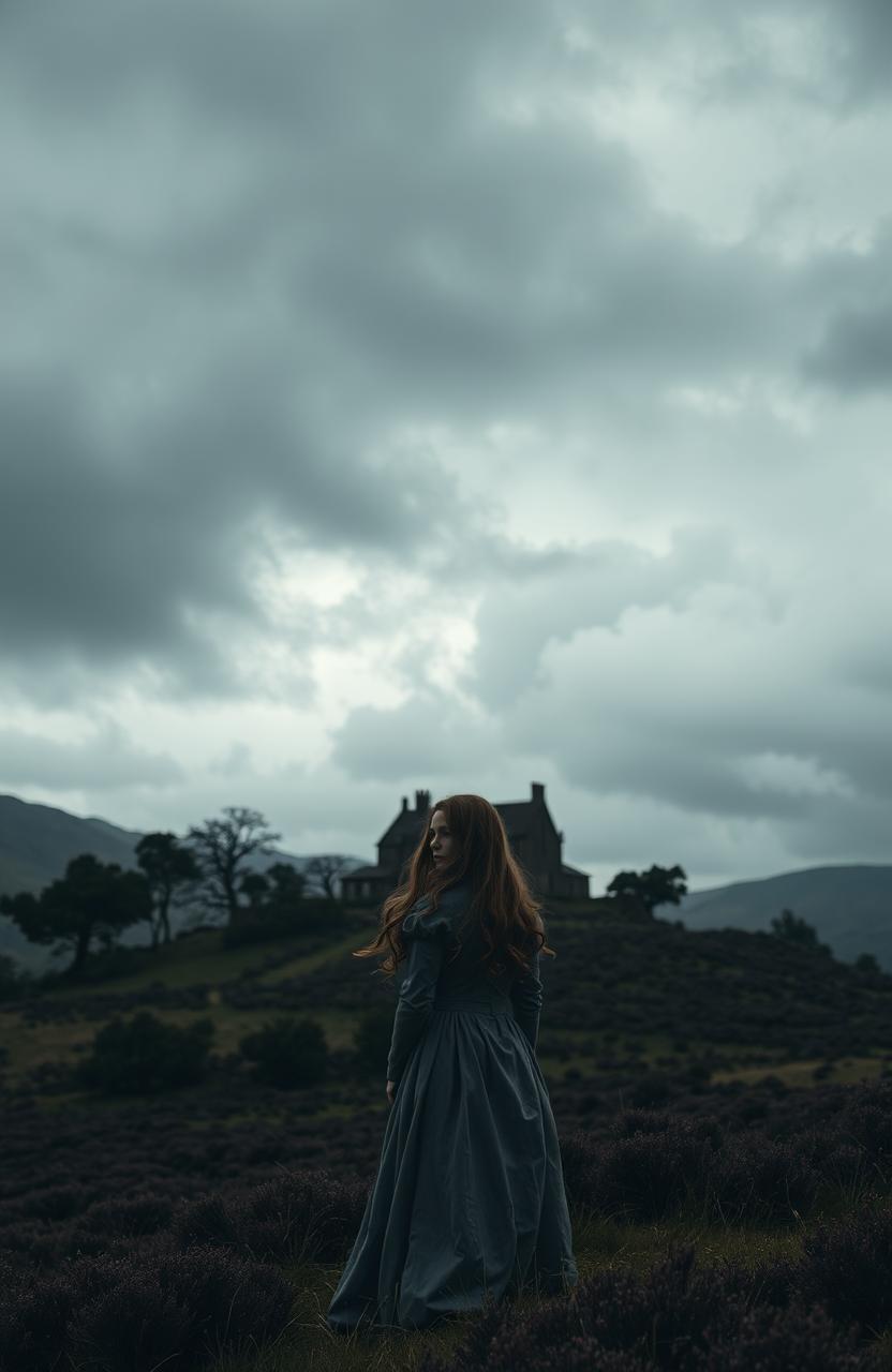 A dramatic and moody landscape of the Yorkshire moors, capturing the essence of Wuthering Heights