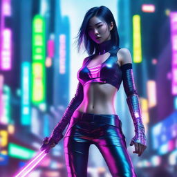 Hyper-realistic visualization of a stunning Chinese girl in futuristic cyberpunk clothing with long pants, masterfully brandishing a vast, glowing sword in the midst of an advanced, neon-lit Shanghai cityscape