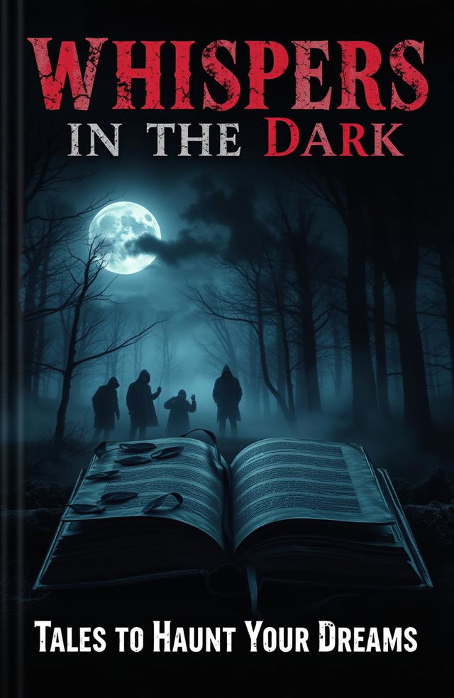 A chilling book cover for a horror story collection, featuring a dark, ominous forest shrouded in fog