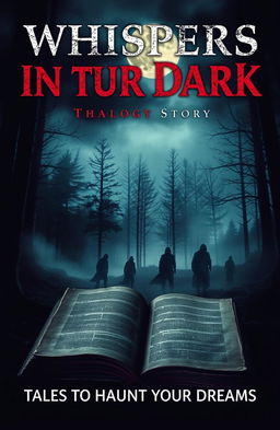 A chilling book cover for a horror story collection, featuring a dark, ominous forest shrouded in fog