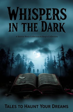 A chilling book cover for a horror story collection, featuring a dark, ominous forest shrouded in fog