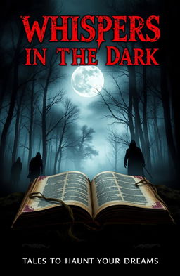 A chilling book cover for a horror story collection, featuring a dark, ominous forest shrouded in fog