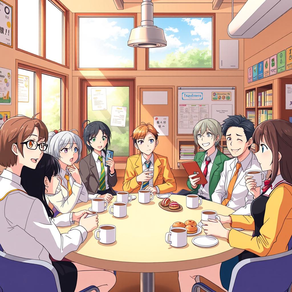 A lively anime-style teachers' lounge in a school, filled with several teachers enjoying coffee and chatting