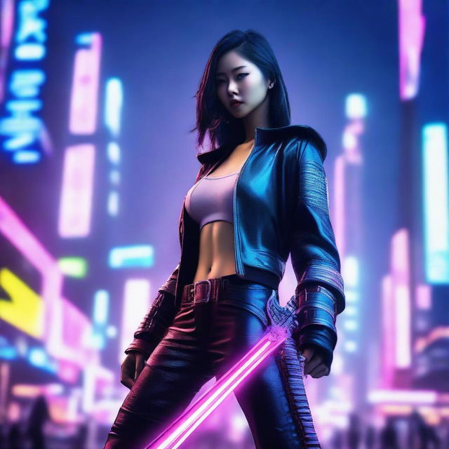 Hyper-realistic visualization of a stunning Chinese girl in futuristic cyberpunk clothing with long pants, masterfully brandishing a vast, glowing sword in the midst of an advanced, neon-lit Shanghai cityscape