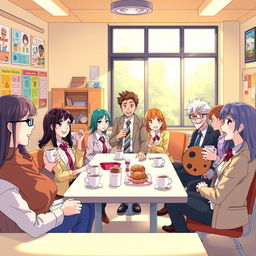 A lively anime-style teachers' lounge in a school, filled with several teachers enjoying coffee and chatting