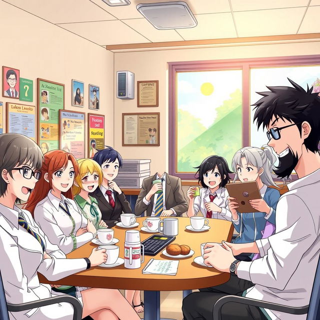 A lively anime-style teachers' lounge in a school, filled with several teachers enjoying coffee and chatting