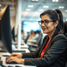 A focused Indian woman in her late 40s, seated at a modern BPO workstation, wearing a stylish professional outfit