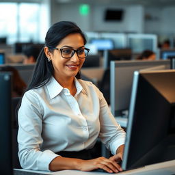 A focused Indian woman in her late 40s, seated at a modern BPO workstation, wearing a stylish professional outfit
