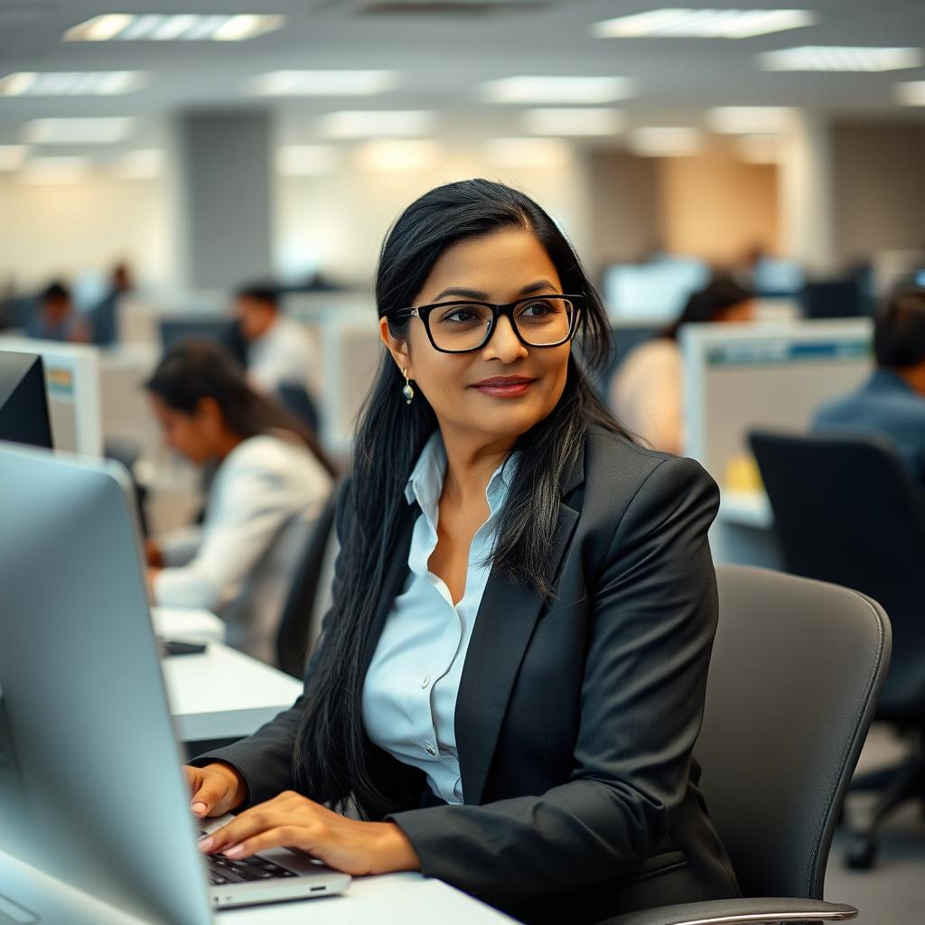 A focused Indian woman in her late 40s, seated at a modern BPO workstation, wearing a stylish professional outfit