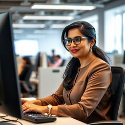 A focused Indian woman in her late 40s, seated at a modern BPO workstation, wearing a stylish professional outfit