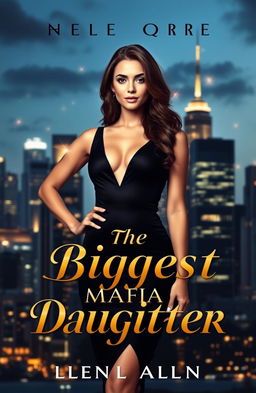 A beautifully designed luxury book cover featuring a glamorous and powerful woman with an elegant appearance, dressed in a sleek black dress, standing confidently in front of a modern city skyline at night