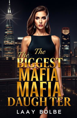 A beautifully designed luxury book cover featuring a glamorous and powerful woman with an elegant appearance, dressed in a sleek black dress, standing confidently in front of a modern city skyline at night